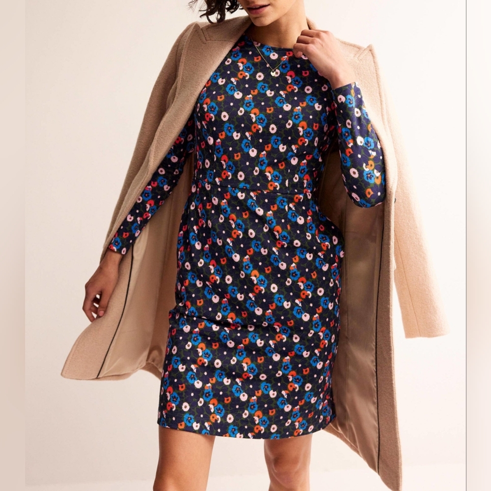 Boden Blue Red Green Floral Long Sleeve Penelope Cotton Jersey Mini Dress 8